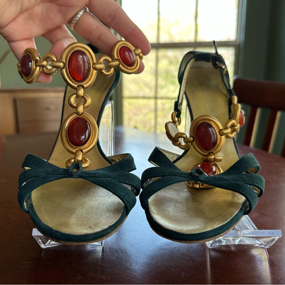 Giuseppe Zanotti Blue Green Suede Strappy Heels Gold Orange Jewel Chain Ankle